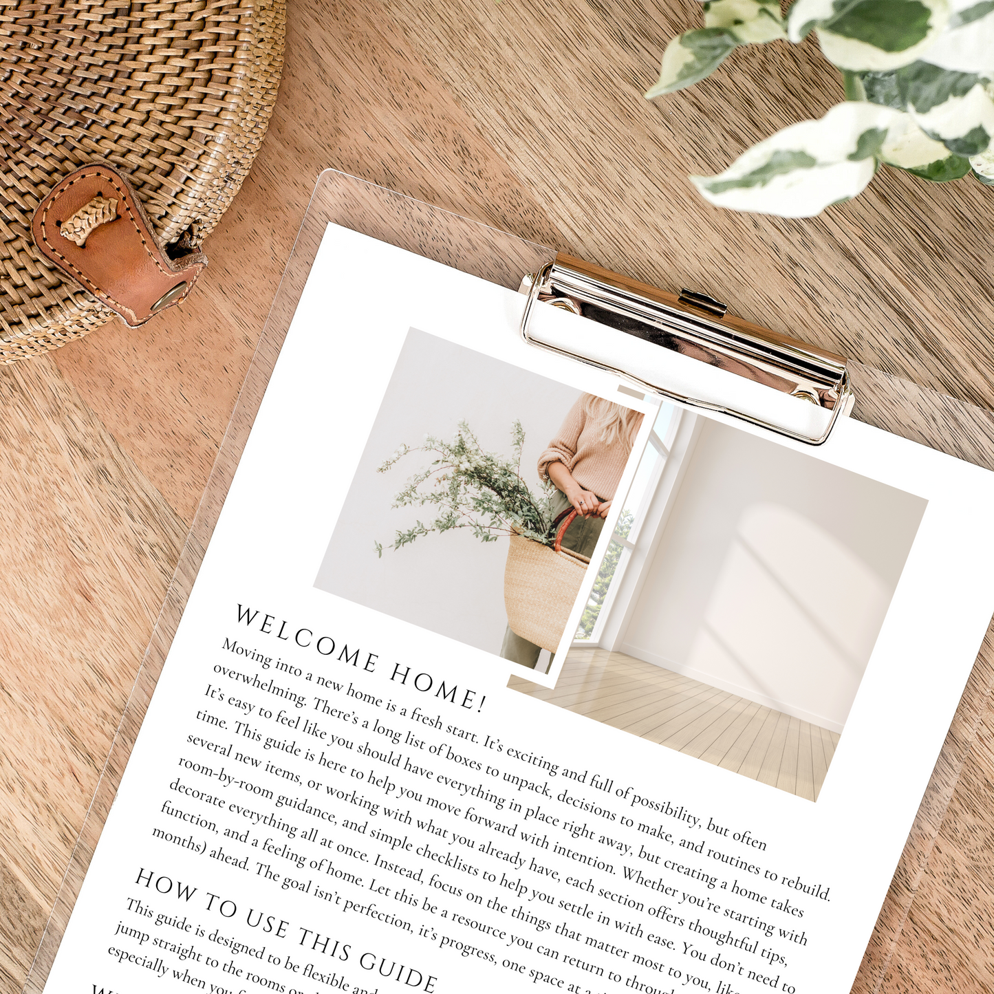 Styling Guide cover page on a clipboard with a woven bag and greenery, introducing Julia Wirth Interiors' room-by-room styling resources for life's transitions.