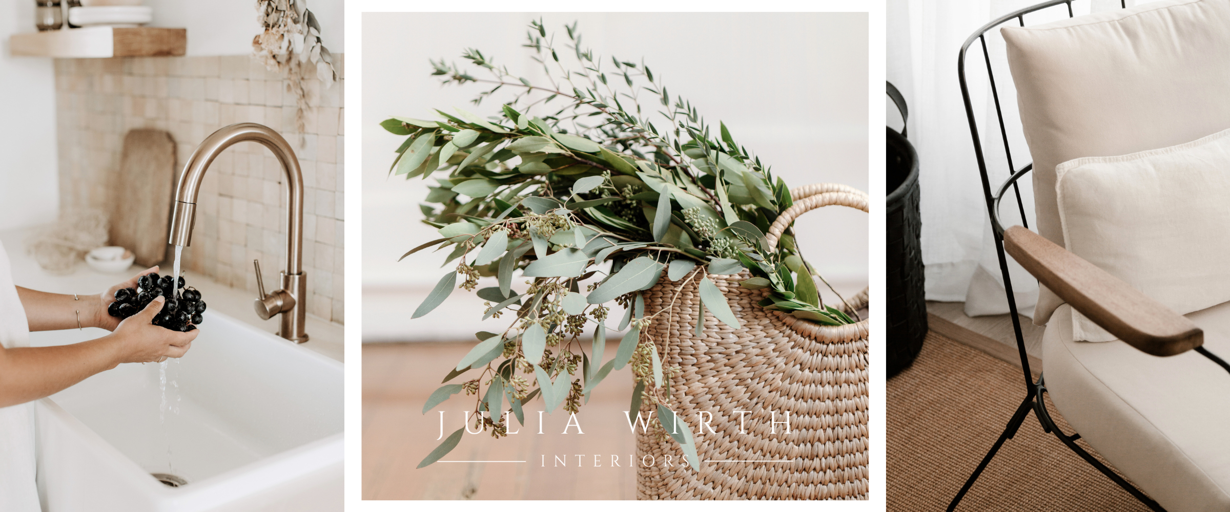 Homepage banner for Julia Wirth Interiors featuring soft, nature inspired home accents like greenery, warm brass, and neutral textures.